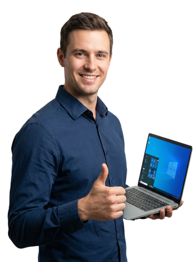 Zufriedener Kunde mit Laptop und Windows Software